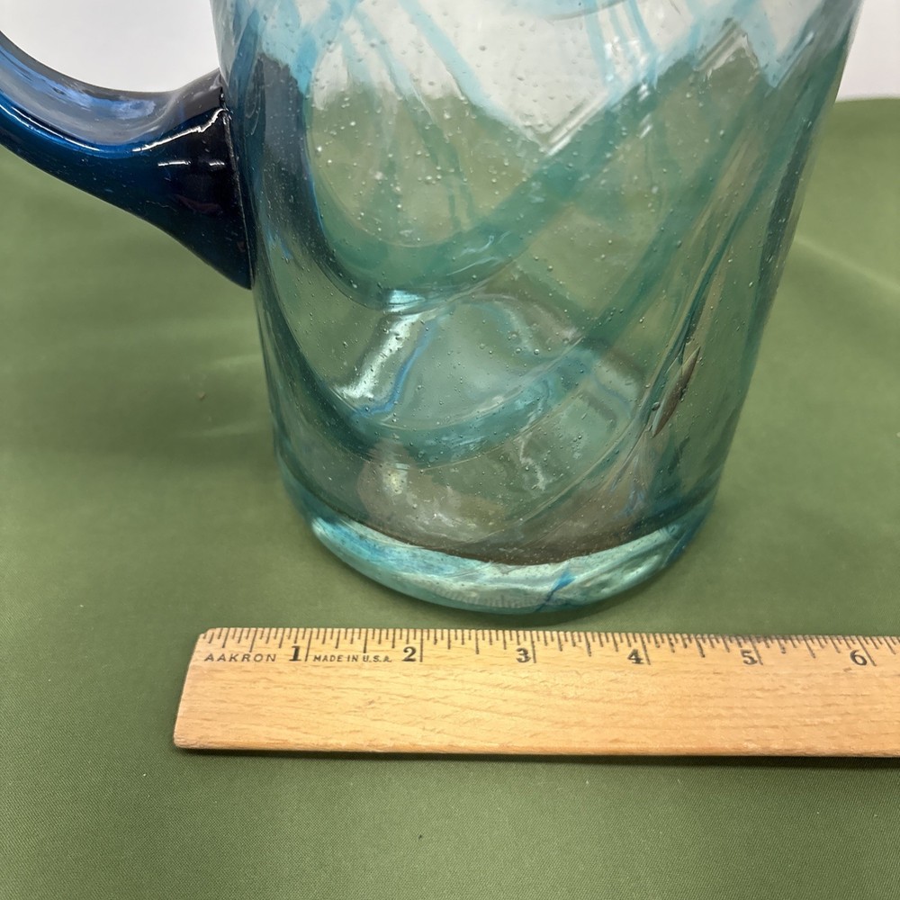 Vintage Hand Blown Blue Swirl Glass 9” Pitcher with Handle