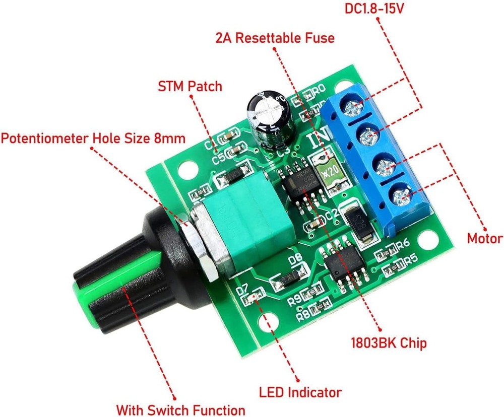 2-Pack NE555 DC Motor Speed Controller – 1.8V-12V, 30W, Adjustable Control Knob