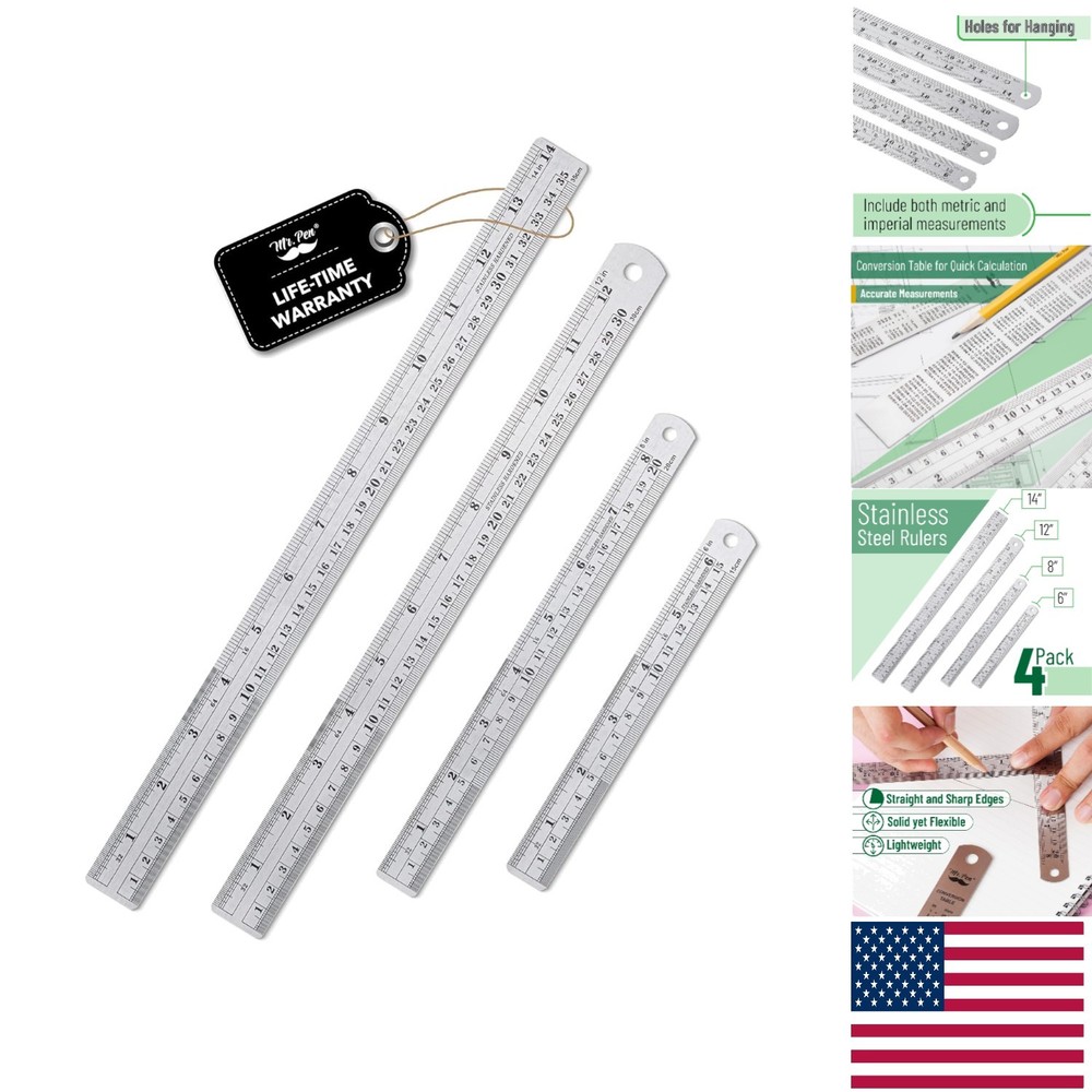 Professional Measuring Tools - 4 Stainless Steel Rulers with Conversion Table