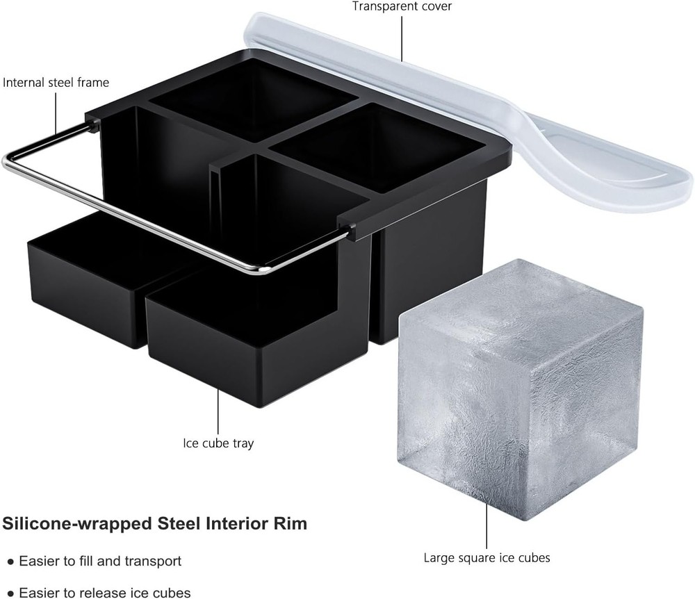 Large Ice Cube Tray Whiskey,Silicone Ice Cube Trays 2 Pack Large Ice Cube Molds