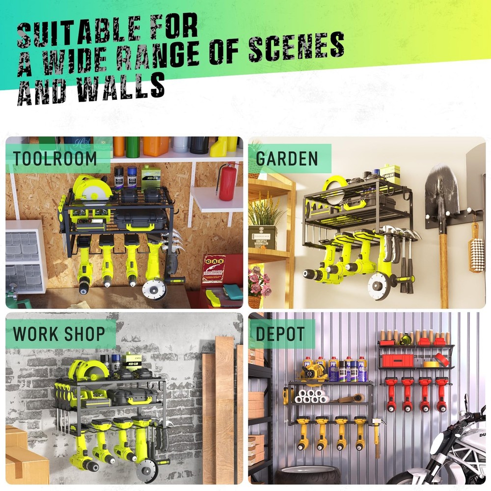 Power Tool Organizer 3 Tier Wall Mounted Rack with 4 Drill Holders