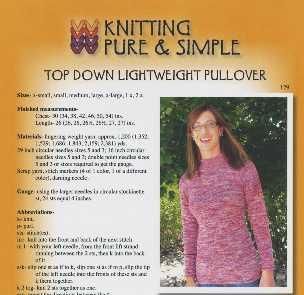 Knitting Pure & Simple Pattern 129 Top Down Lightweight Pullover - Women 30-54
