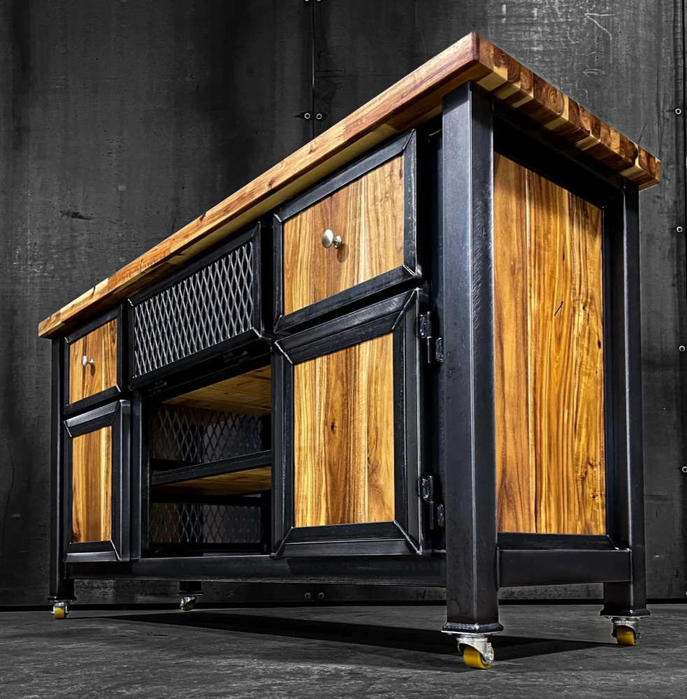Modern Industrial Media Console on Casters