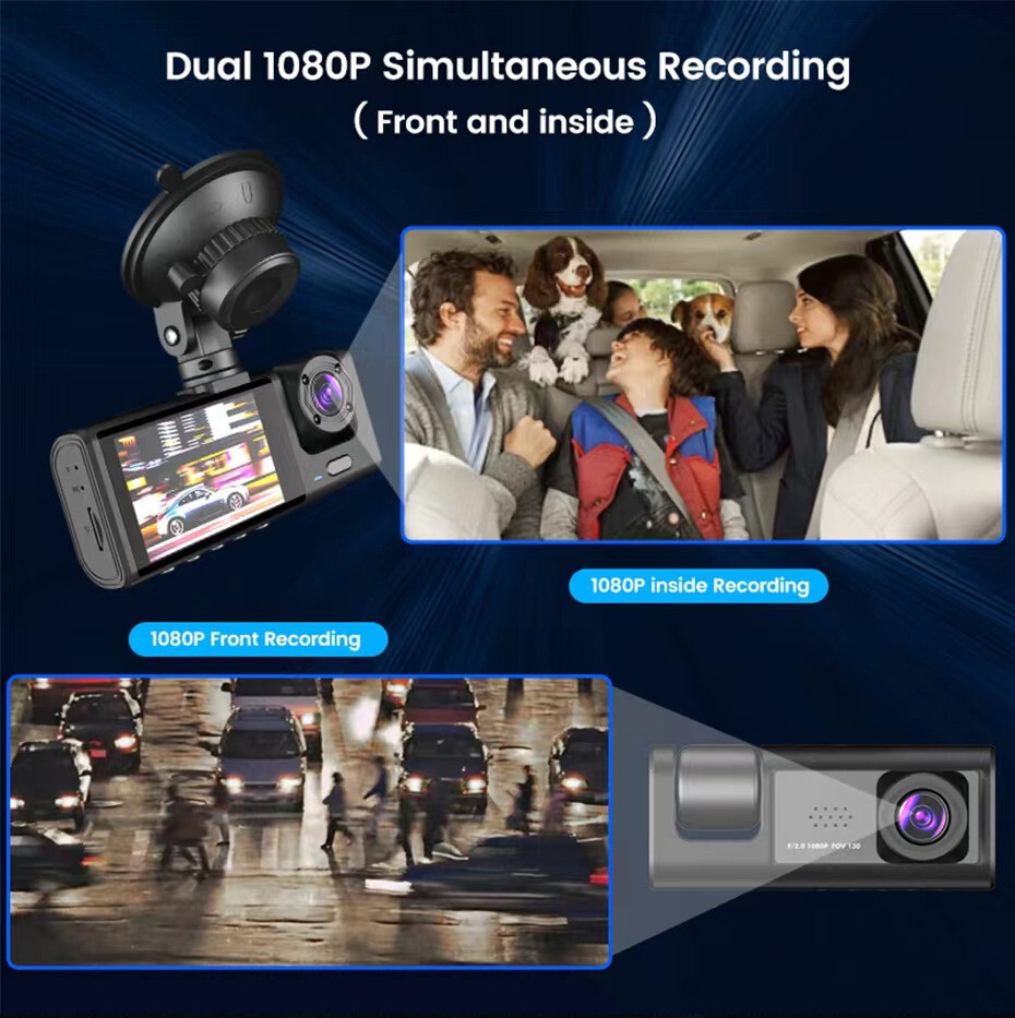 1080P Car DVR Dash Cam Recorder Video G-Sensor Front Rear Inside Camera 2 In