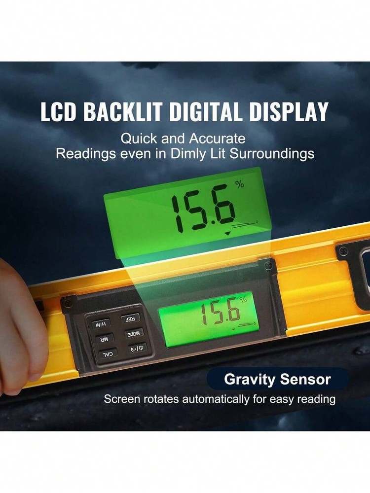 Torpedo level,24-level,featuring anLED-backlit display andbuilt-ingravity sensor