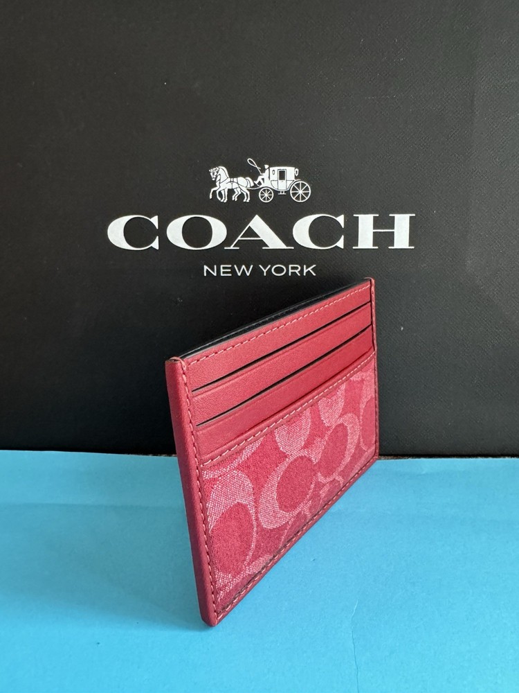 NWT Coach Slim Id Card Case In Signature Denim Ruby Red