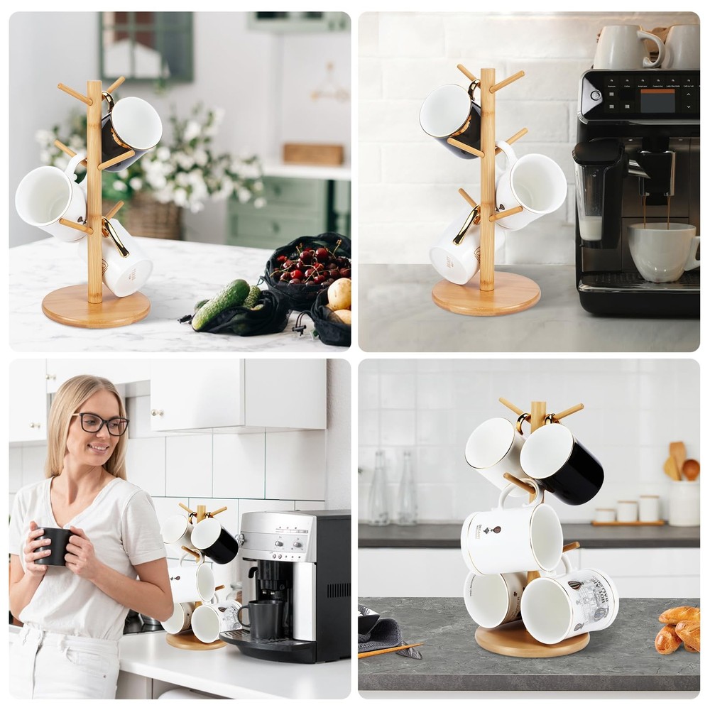 Bamboo Mug Holder, 6 Hooks Coffee Mug Holders Tree, Decorative Mug Racks for Cou