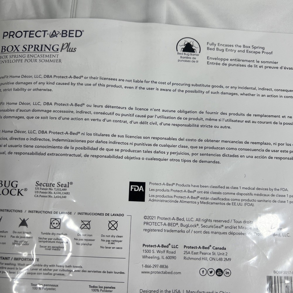 NWT Protect A Bed Buglock PLUS White Box Spring Encasement Twin XL New