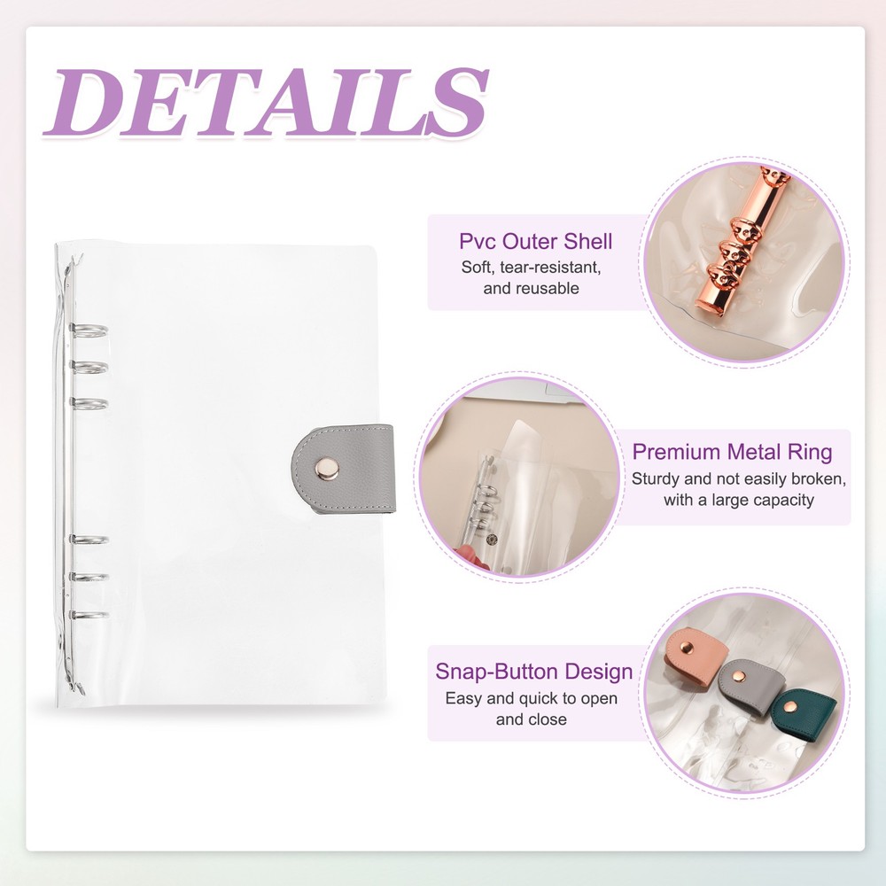 A5 Clear Notebook Binder, 6-Ring Refillable Planner Cover Binder, Gray