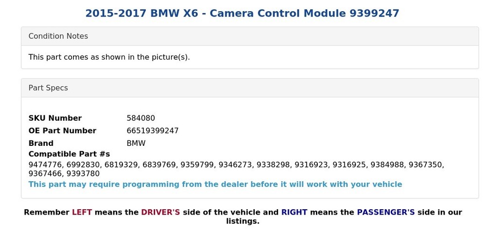 2015-2017 BMW X6 - Camera Control Module 9399247