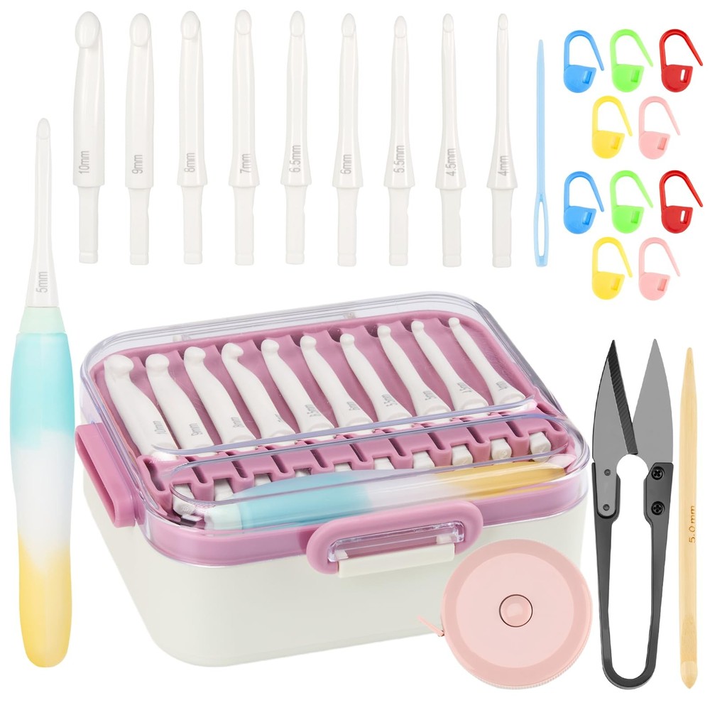 10-Size Interchangeable Crochet Hook Set – Ergonomic Jelly-Grip Handle, Extra...