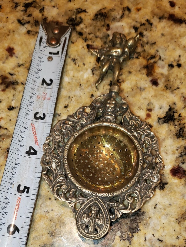 Ornate Antique Tea Strainer - Etched - Unknown Origin - see pics Cherub handle