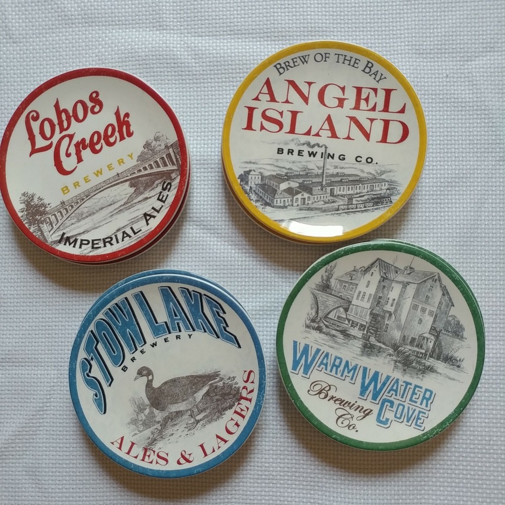 Pottery Barn "BREWING COMPANIES" Round 4pc Appetizer Plates 6" EUC 4 Designs