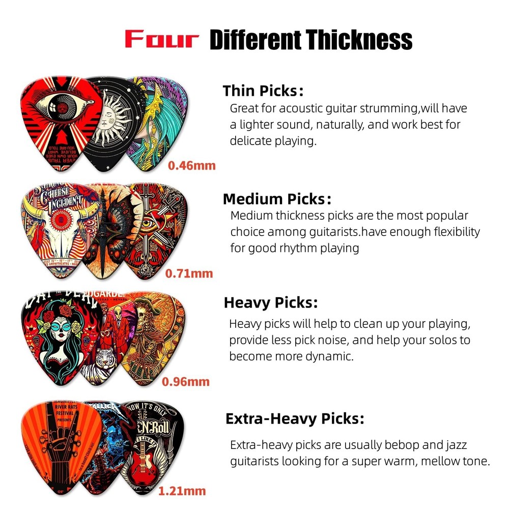 Guitar Picks 24 Pack Thin, Medium, Heavy & Extra Heavy Picks with Tin Box,Var...