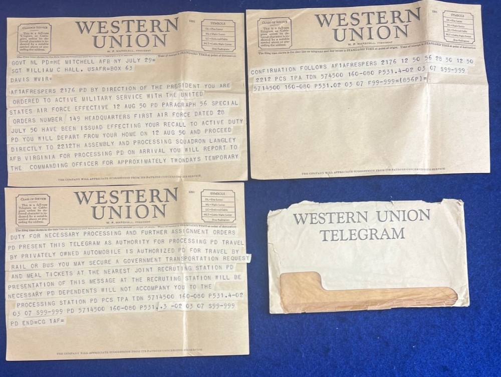 1950 Korean War Initial Reserve Activation Telegram Air Force WWII Mobilization