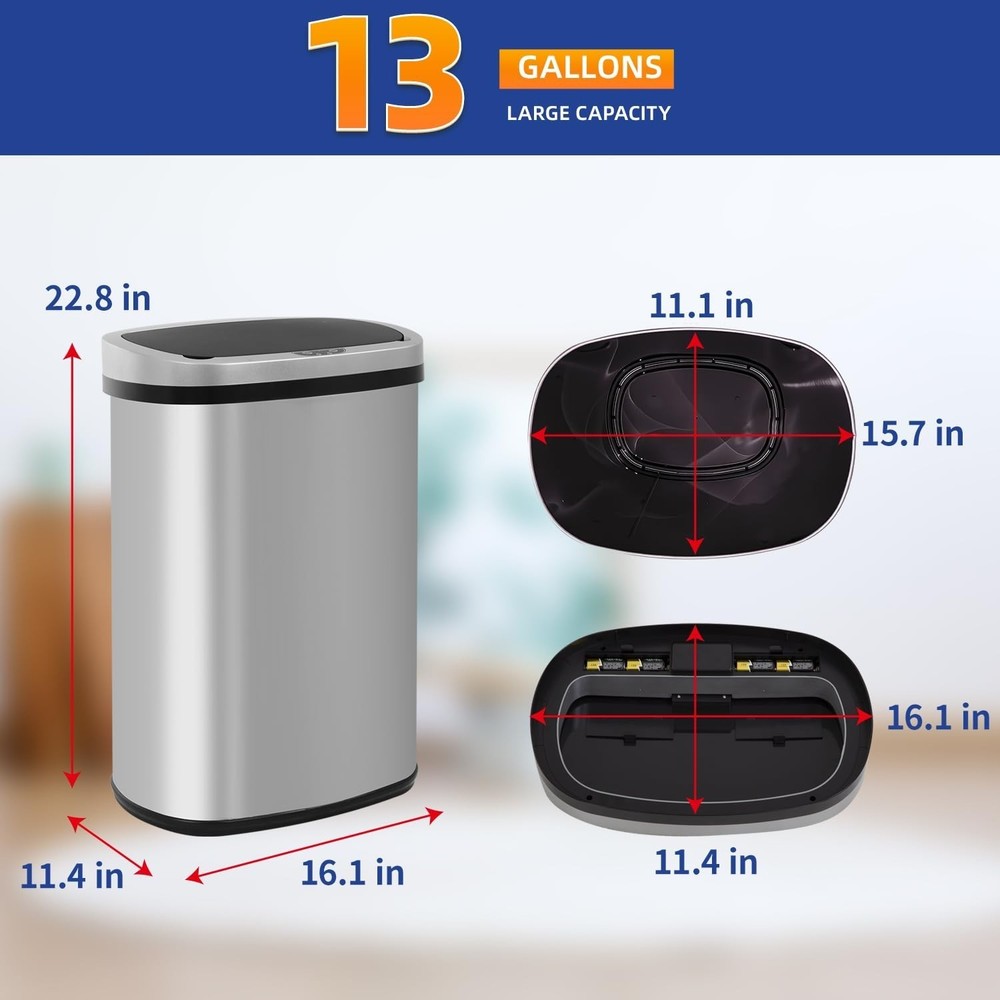 13 Gallon Touchless Trash Can Stainless Steel Auto Sensor Lid Kitchen Bin