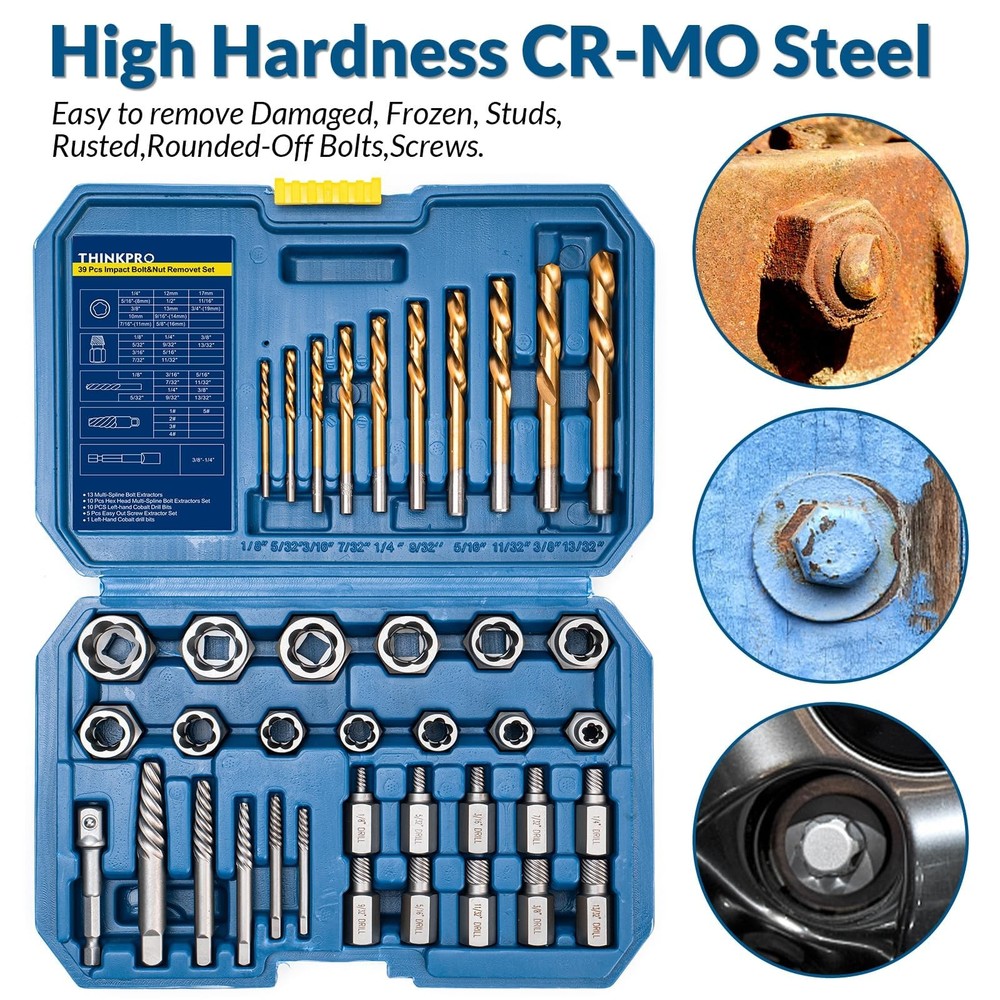 Thinkpro 39Pcs Bolt Extractor Set and Drill Bit Kit,Multi-Spline Screw Extrac...