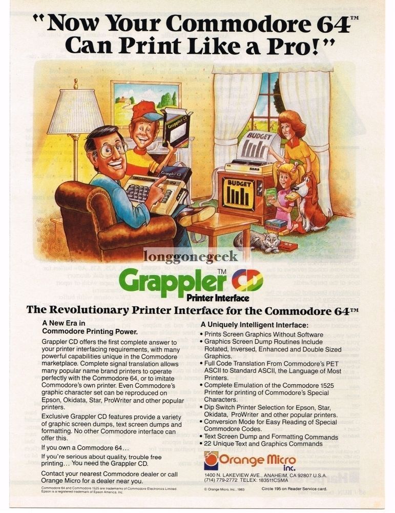 1984 Orange Micro Grappler Printer Interface Cartridge Commodore 64 Vintage Ad