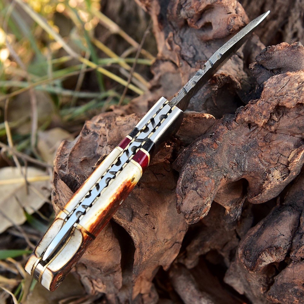 Pocket Knife Forged Damascus Folding Blade Knife Original Camel Bone Handle