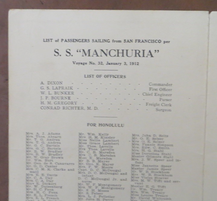 MANCHURIA (Pacific Mail) 1912 Passenger List