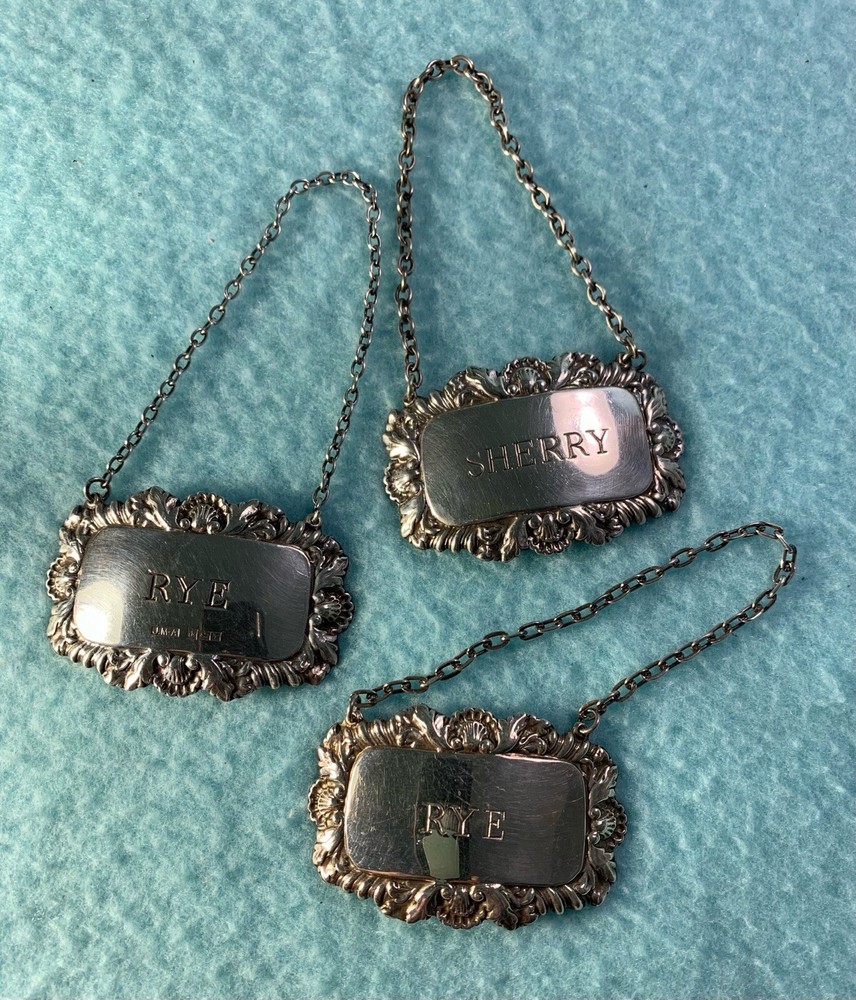 3 Matched Sterling Silver 20th Century Decanter Labels