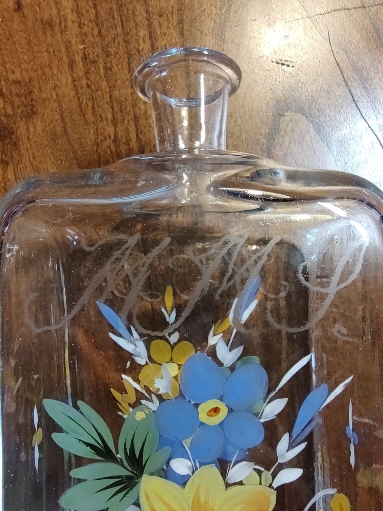 Stiegel Style Half Post Blown Enameled Case Bottle & Hand Blown Cup, 1863