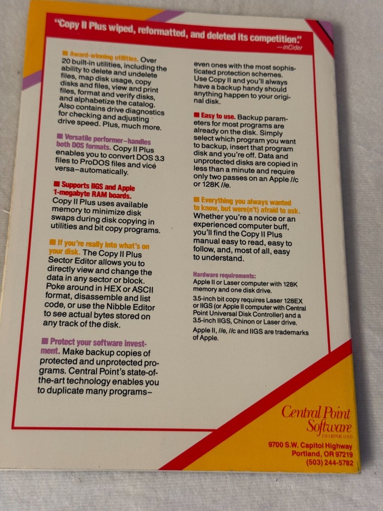 COPY II PLUS Central Point Software Apple II DOS utilities vintage manual