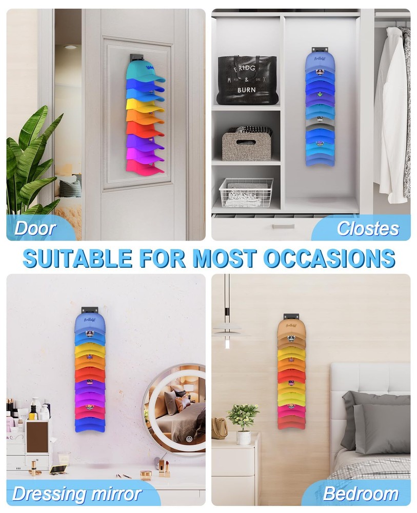 2 Pack Hat Organizer for Baseball Caps, Strong Adhesive Hat Rack for Wall