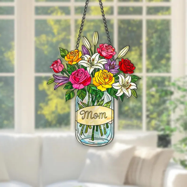 Personalized Mom Flower Jar Acrylic Suncatcher Gift