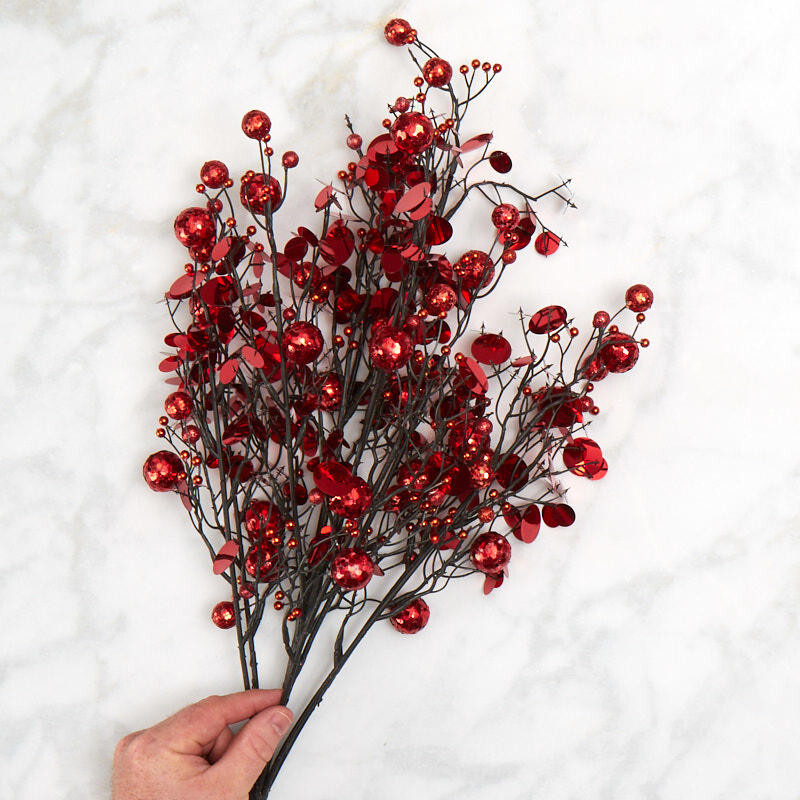 24" Red Glitzy Glittered Ball and Sequin Decorative Bush