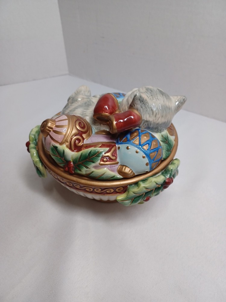 Fitz & Floyd Kristmas Kitty Lidded Box Covered Candy Dish Sleeping Cat Christmas