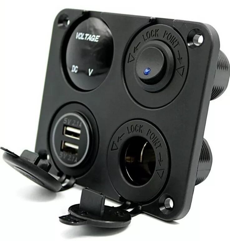 Blue LED Switch Panel Kit Dual USB Car Charger+Voltmeter+12V Power Socket+On-Off