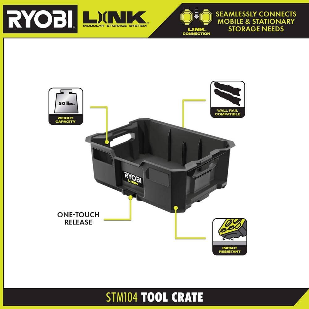 RYOBI Tool Crate LINK Stackable Storage Box 50lb Load Modular Impact Resistant