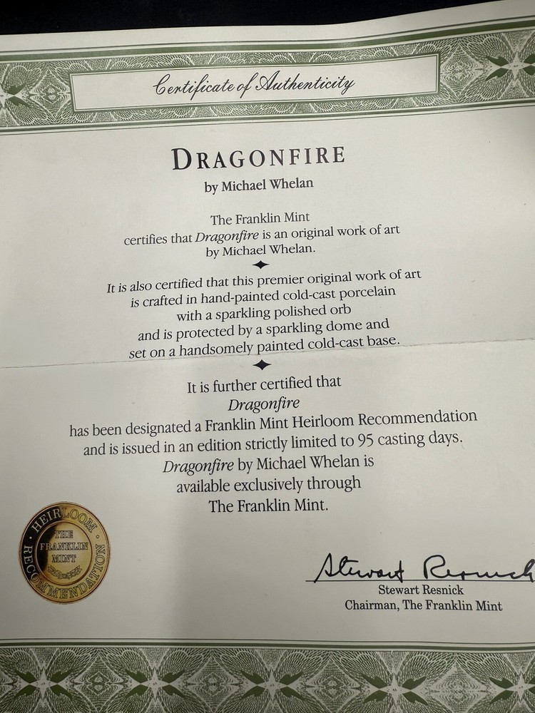 Franklin Mint 'Dragonfire' Michael Whelan Limited Edition w/Dome & Certificate