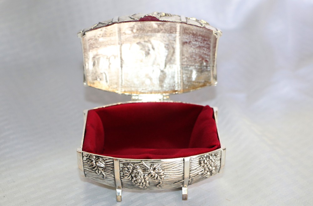 Silver Plated Wine Barrel Hinged Box with Red Velvet Liner