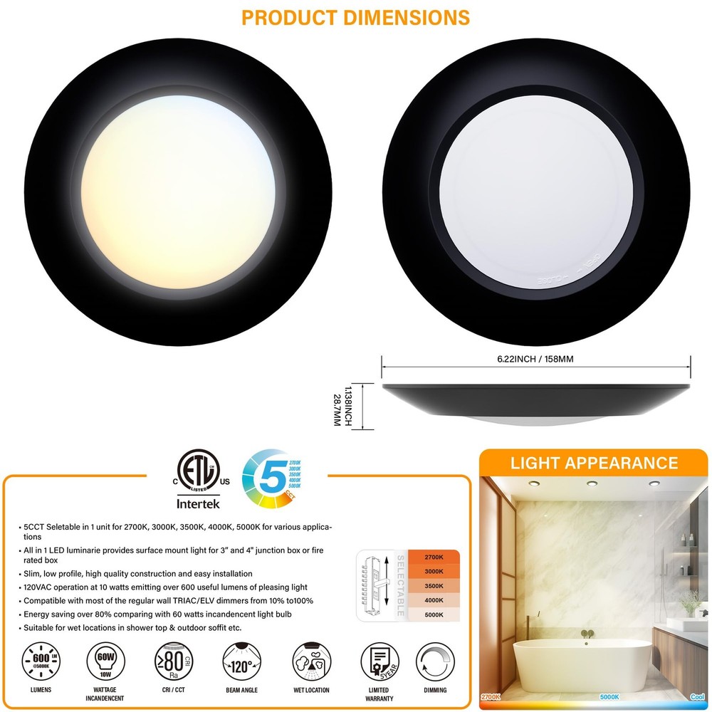 JULLISON 10-Pack 4" Black LED Low Profile Recessed Surface Mount Disk Light