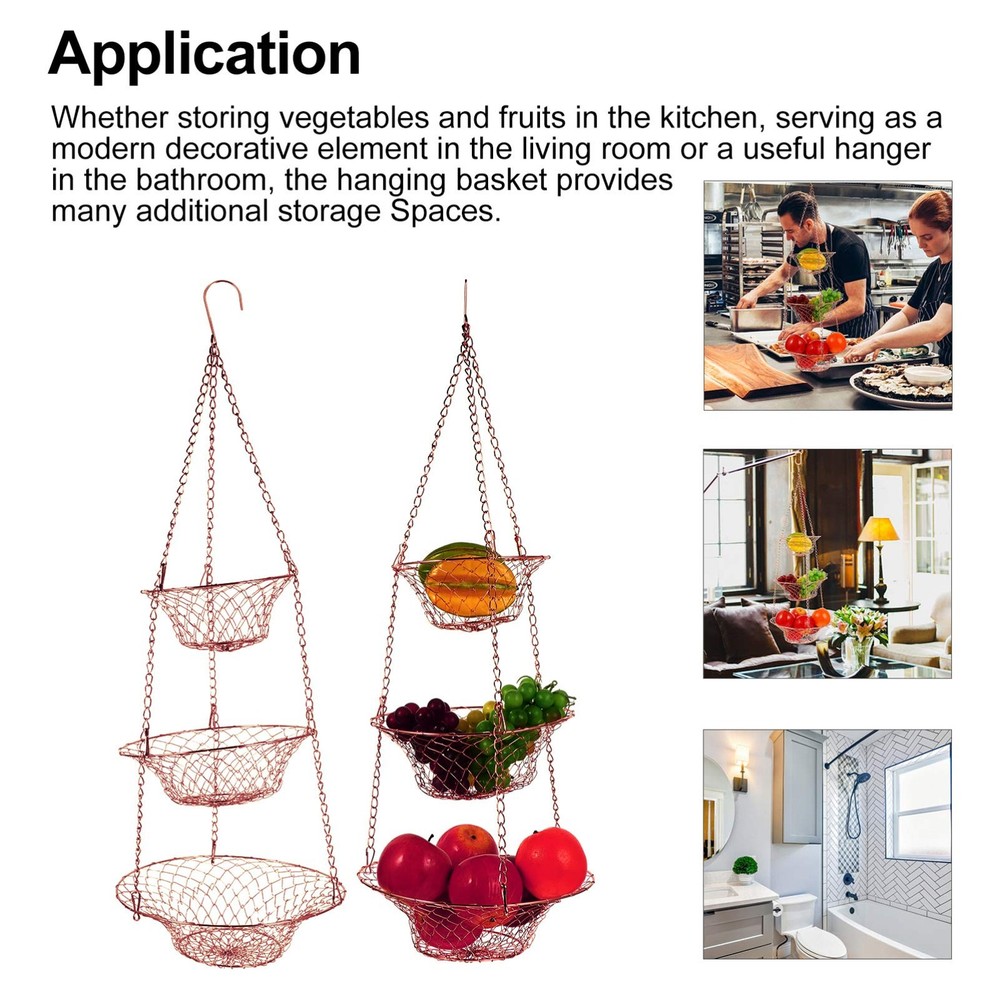 3-Tier Copper Hanging Fruit Basket Foldable Wire Storage Organizer for Kitche...
