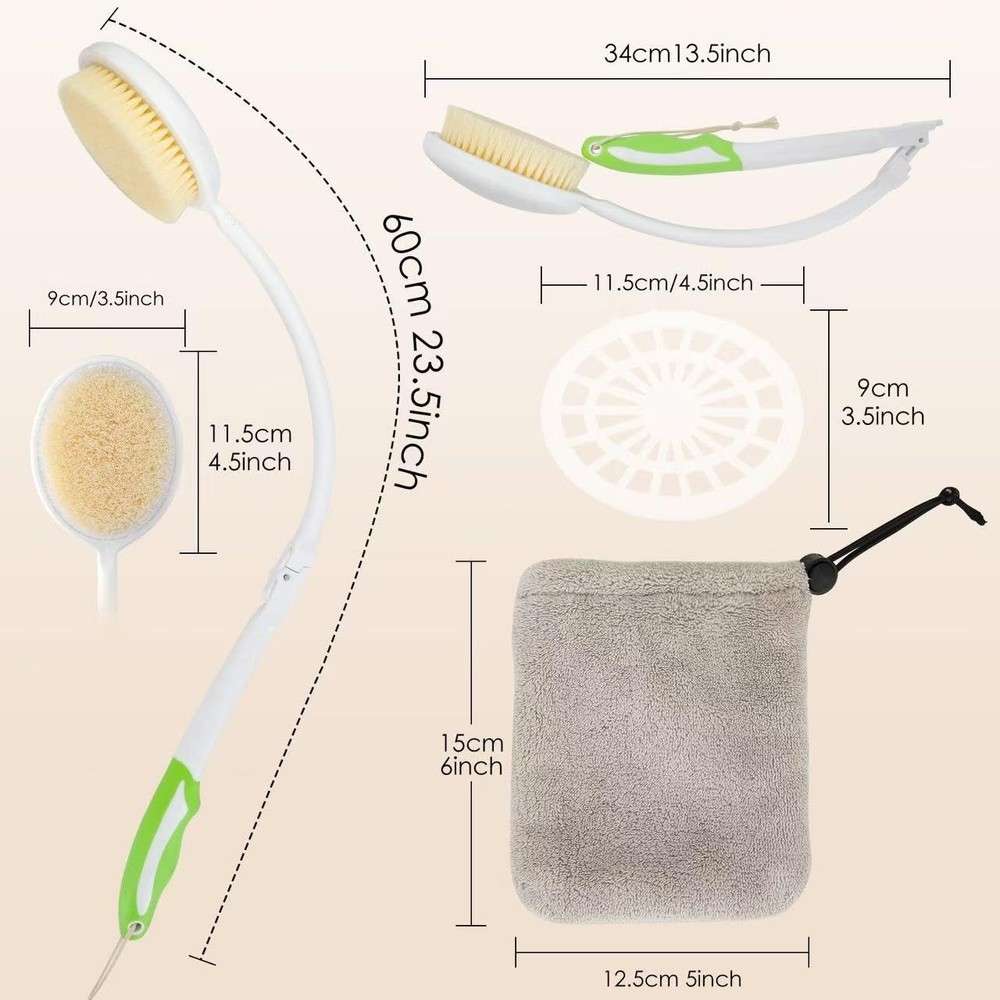 Back Scrubber Bath Brush for Shower Curved Long Handle, Foldable White