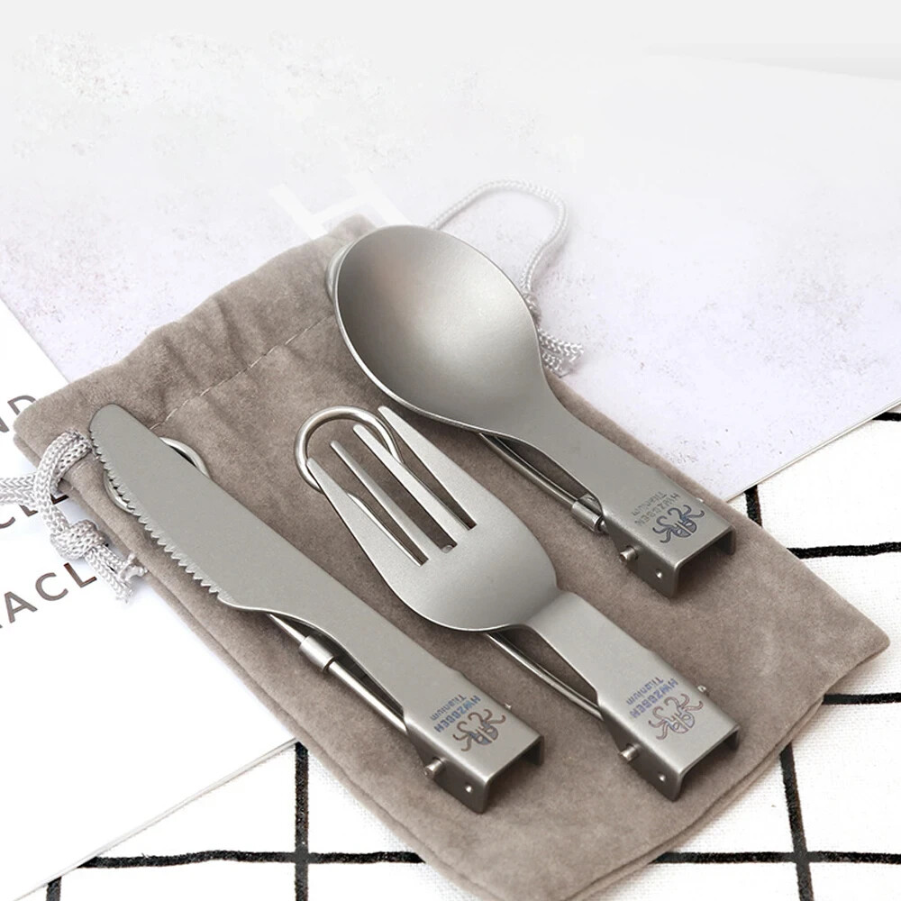 3PCS Titanium Folding Knife Fork Spoon Cooking Picnic Camping Supplies Tool