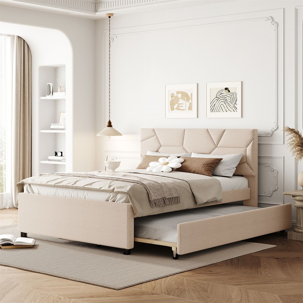 Full/Queen Size Bed Frame Upholstered Platform Bed w/ Headboard Beige/Gray US
