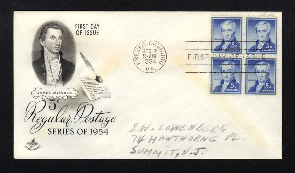 1954 FDC sc 1038 First Day Cover 5c Regular Postage / James Monroe