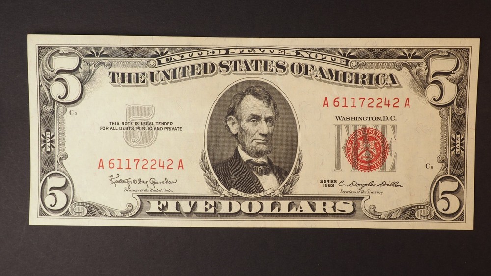 1963  $5 US NOTE  *NICE RED SEAL CRISPY AND WHITE * FREE SHIPPING  S3609