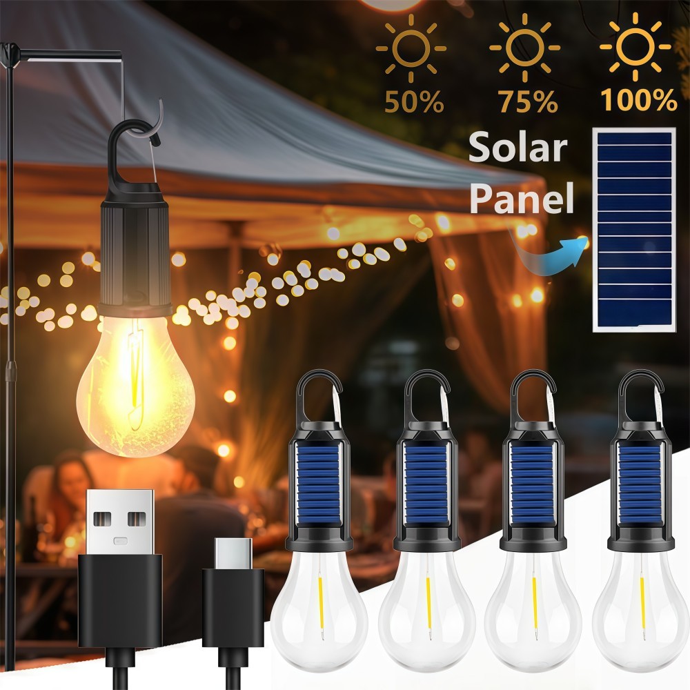 Solar Tent Camping Light Bulb Rechargeable Portable LED Lantern 3 Lighting Modes