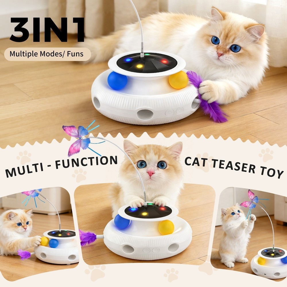 USB Cat Toy, 3-in-1 Automatic Interactive Electronic Moving Ambush Feather Toy