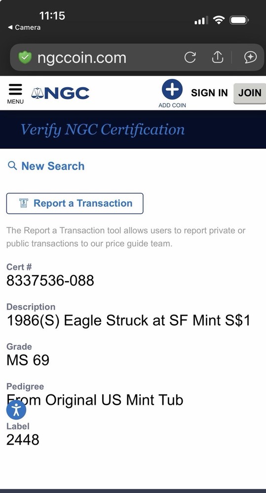 ERROR 1994 Silver Eagle in 1986 S NGC Slab MS69 From Original Mint Tube