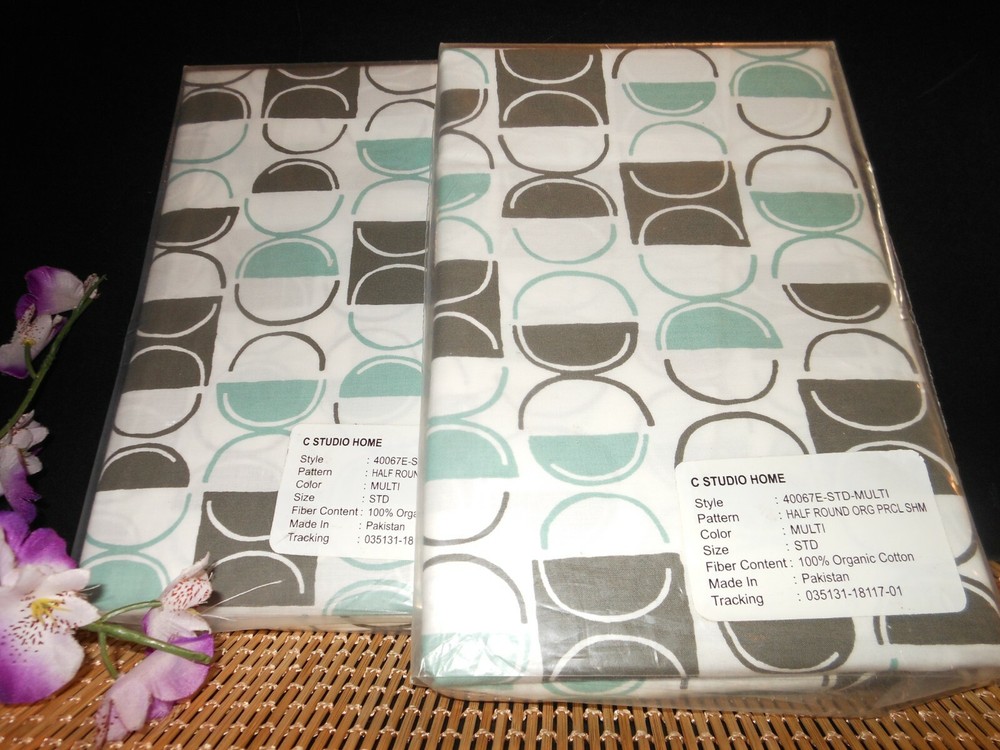 PAIR CSTUDIO HOME Percale Pillow Shams Std ~Blue, Grey Half Round Geometric