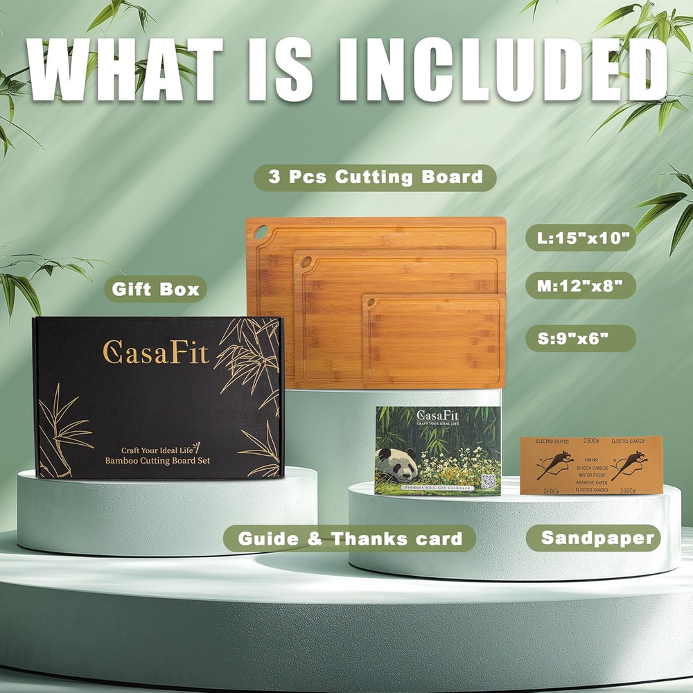 3-Piece Organic Bamboo Cutting Board Set for Kitchen - Carbonized Extra Sturdy C