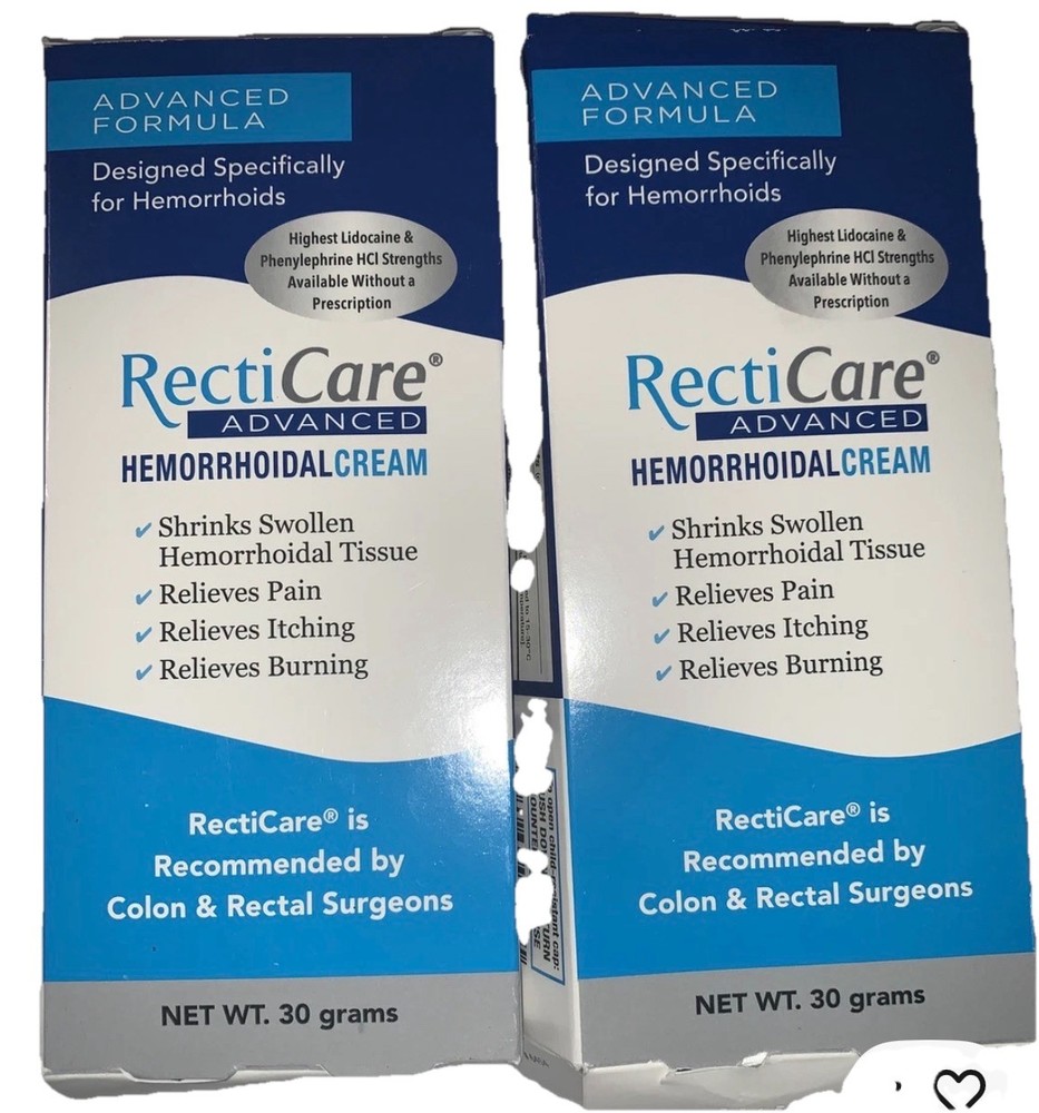 TWO RectiCare Advanced Hemorrhoidal Cream 30g Relieves Pain Itching Burni…
