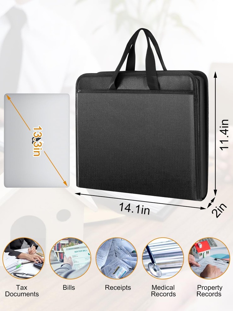 Important Document Organizer with Handle, Fireproof Accordion File Black Storage