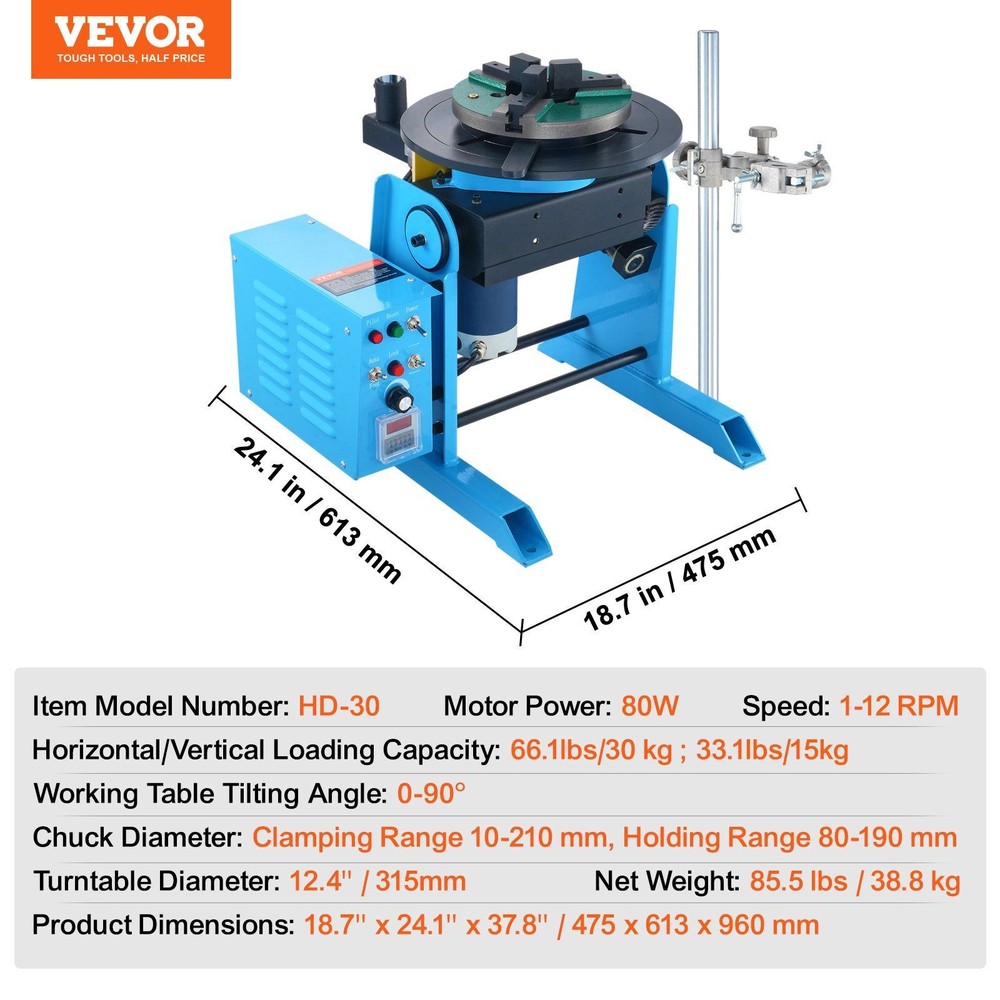 80W Rotary Welding Positioner 66LBS, 0-90° Welding Positioning Turntable Table